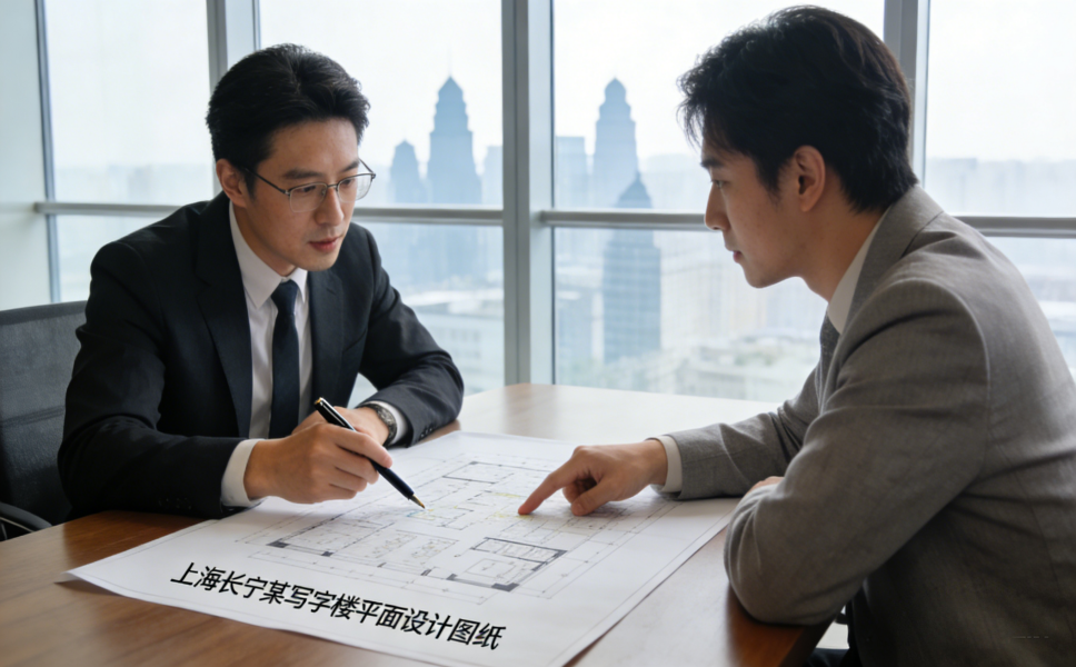 上海长宁专业办公室装修团队与客户现场沟通设计方案