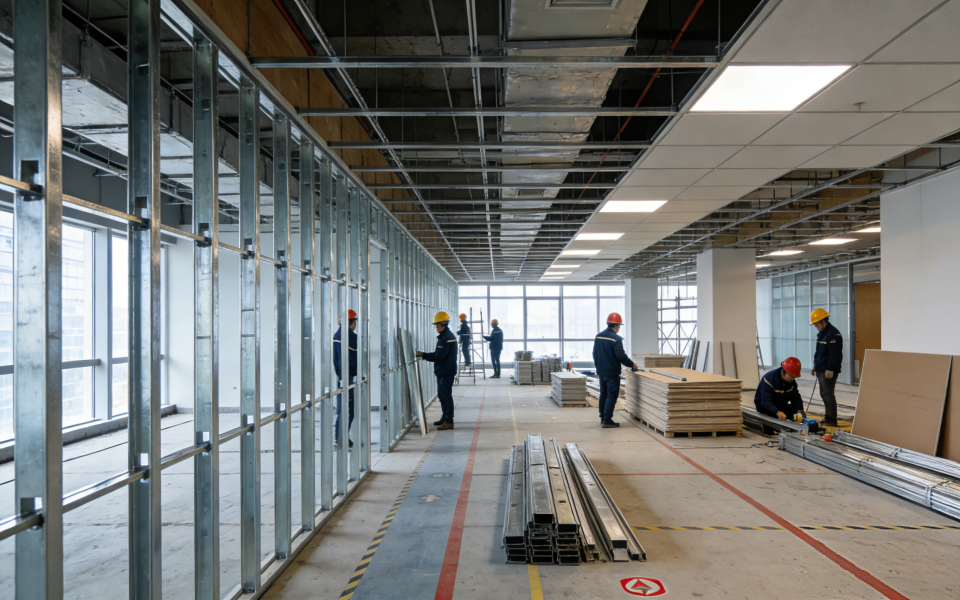 上海长宁写字楼翻新施工现场,工种协调有序