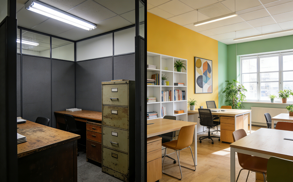 普陀区写字楼创意设计前后对比-小型办公室如何实现空间视觉扩容