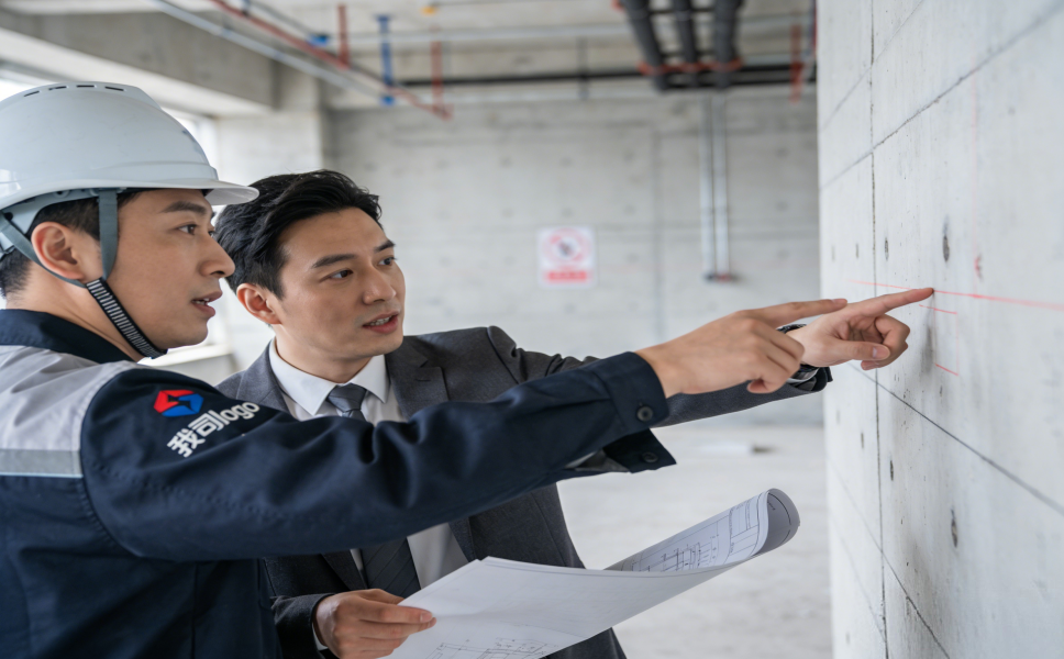 上海闵行办公室装修现场，专业施工队负责人与客户进行细致需求沟通与勘测