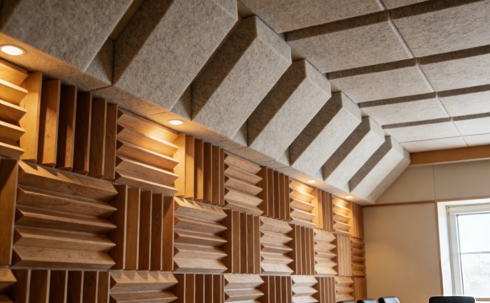 杨浦办公室装修会议室吸音棉与扩散体搭配示意图